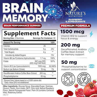 Brain Supplements for Memory & Focus Gummies - Brain Health Clarity with B6 B12 & Phosphatidylserine - Natural Nootropics Cognitive Concentration & Alertness Support Vitamins - 60 Vegan Gummies