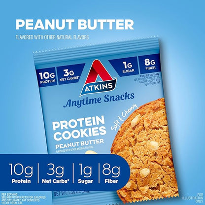 Atkins Peanut Butter High Protein Cookie, Keto Snacks, 3g Net Carb, 1g Sugar, Low Sugar Snacks, Low Carb Treats, 4 Count