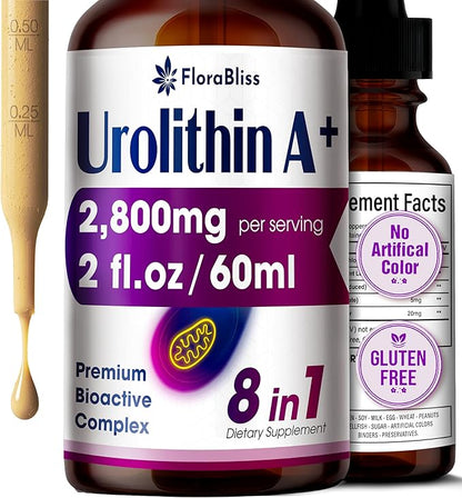 FloraBliss Urolithin A Supplement 2800 mg Liquid Drops | with Trans-Resveratrol, Collagen Peptides, Pomegranate Extract, Hyaluronic Acid, Vitamin E & C | 60ml |30-Day Supply