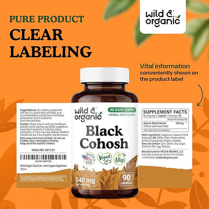 Wild & Organic Black Cohosh Capsules 540 mg - Menopause Supplements for Women - Black Cohosh for Women - Actaea Racemosa Herb - 90 Days of Supply - Vegan, No Fillers, Non-GMO - 90 Count