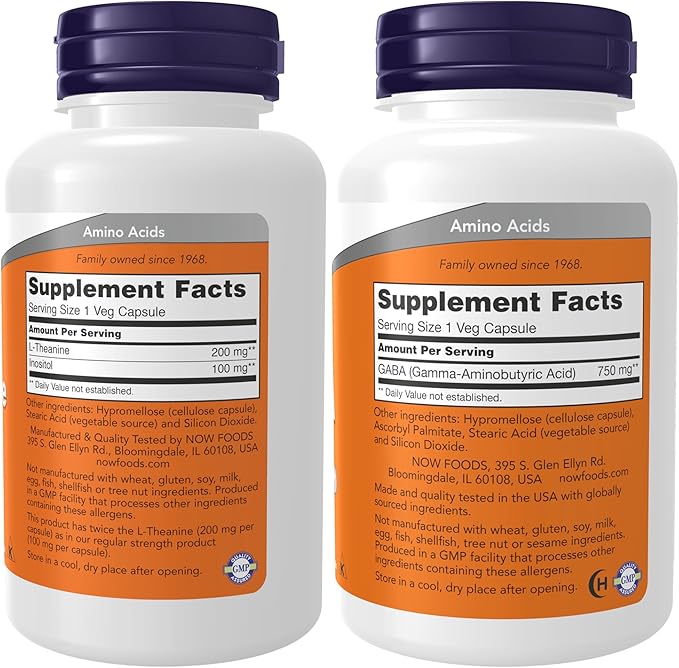 NOW Foods Supplements, L-Theanine 200 mg with Inositol, Stress Management*, 120 Veg Capsules with Now Supplements, GABA (Gamma-Aminobutyric Acid) 750mg, 100 Veg Capsules