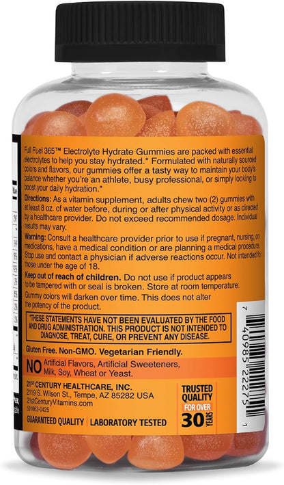 21st Century Full Fuel 365 Electrolyte Gummies, Orange Flavor, 60 Count, Daily Hydration and Electrolyte Replenishment with Potassium, Zinc, B-12, Magnesium