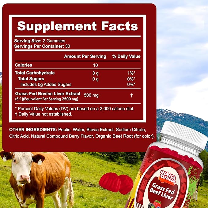 Well&Whole Grass Fed Beef Liver Gummies, Dessicated Beef Liver Supplement for Energy, Immunity, and Full Wellness - Non GMO, Gluten Free, for Adults and Kids, 60 Counts