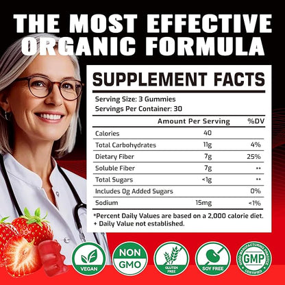 Prebiotic Fiber Gummies for Adults, 7G Extra Strength, Zero Sugar Added, 90 Pectin Based Gummies, Digestive Health & Regularity Support-Strawberry-2PACK