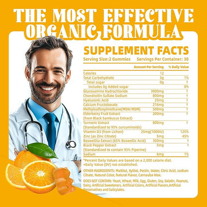 Glucosamine Chondroitin Gummies with MSM & Elderberry Extra Strength - Joint Support, Antioxidant Immune Support Supplement for Adults, Men & Women.60 Orange Gummies
