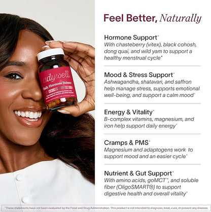 Ladywell Daily Hormone Balance Capsules | Natural Cycle Support for Women | Supports Mood, Bloating, Cramps, Skin Health & Cravings | With Chasteberry, B Vitamins, Ashwagandha, Saffron & More | 2-Pack