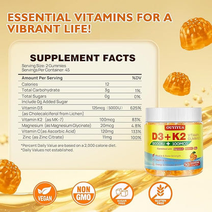 Vitamin D3 K2 Gummies，Vitamin D3 5000IU + K2 (MK-7) 100mcg Gummies for Adults | Immune Health Support, Teeth & Muscle Function Boost |90 Count