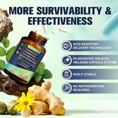 Totaria 5-in-1 60 Billion CFU Probiotic Prebiotic & Postbiotic for Women & Men, w/Digestive Enzymes, Slippery Elm, Daily Complete Gut Health, Digestive & Immune Support, 4 Month Supply, Vegan