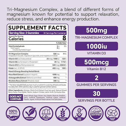 VEETAGYO Magnesium Gummies 500mg 400mg | High Absorption, Bone, Nerves, Muscle | 3 Forms of Magnesium Complex Supplement Glycinate,Taurate,Malate | Adults - Vegan,Sugar Free,120Cts