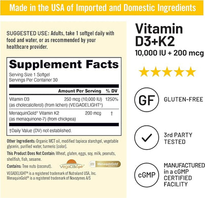 NatureWise Vegan Vitamin D3 + K2 in Organic Coconut MCT Oil - Natural D3 10000IU + Natural K2 200mcg - High Absorption Bone Support - Non-GMO - USA Manufactured - 30 Softgels[30-Day Supply]