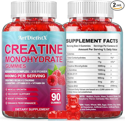 Creatine Monohydrate 8000mg Gummies with BCAA, L-Carnitine, Taurine & Vitamin B12 - Pre Workout Supplement for Muscle Growth, Strength & Energy - Raspberry Flavor Gummies, 180 Count for Men & Women