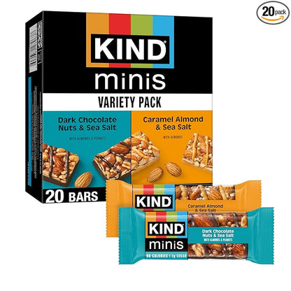 KIND Mini Snack Bars Variety Pack, Gluten Free, Low Sugar, Low Calorie Snacks, Dark Chocolate Nuts & Sea Salt, Caramel Almond & Sea Salt, 20 Count
