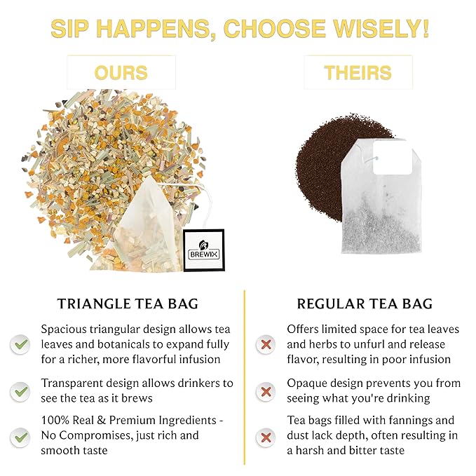 BREWIX, Turmeric Ashwagandha Herbal Tea (50 Pyramid Tea Bags) Adaptogenic Herbs for Stress & Mood Support | Evening Calm & Sleep Support | Real Ingredients From India, Caffeine Free & Naturally Gluten Free