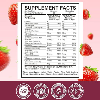 Iron Supplement Gummies for Kids - with Calcium, Zinc, Kids Multivitamin with Iron Gummies - Immune Support, Blood Builder & Energy Support for Iron Deficiency, Anemia, Vegan - 60 Count
