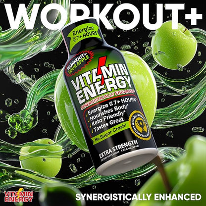 Vitamin Energy Workout+ Extra Strength Energy Shot Sour Apple 10 Pack, 260mg Natural Caffeine, Pre-Workout, B-Vitamins, Minerals, Endurance & Performance, Zero Sugar, Gluten-Free, Vegan, 1.93 fl oz