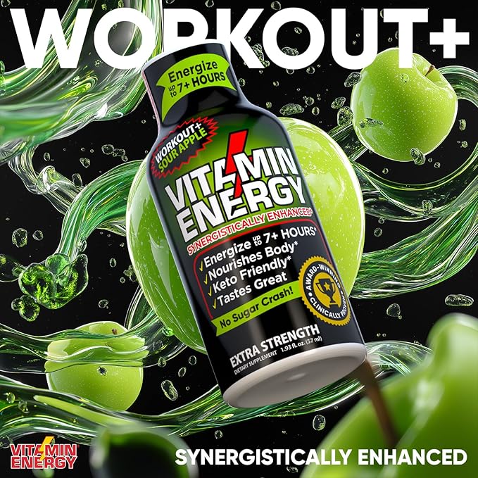 Vitamin Energy Workout+ Extra Strength Energy Shot Sour Apple 12 Pack, 260mg Natural Caffeine, Pre-Workout, B-Vitamins, Minerals, Endurance & Performance, Zero Sugar, Gluten-Free, Vegan, 1.93 fl oz