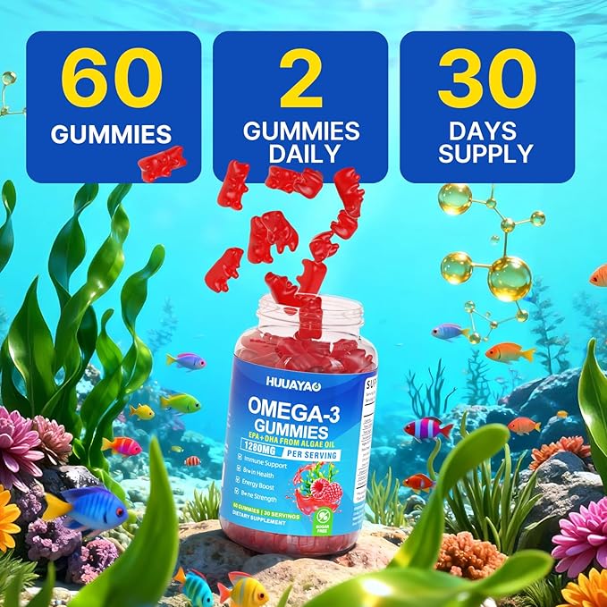 Vegan Omega-3 Gummies 1028mg, Omega 3 Fish Oil Alternative for Adults w/EPA 400mg & DHA 600mg & Vitamin A, C, E Supports Brain, Eye & Immune Health, Sugar Free, Raspberry Flavor, 60 Count