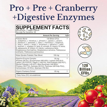 Vitalitown Probiotics for Women 120 Billion CFUs, 30 Strains, with Prebiotics & Digestive Enzymes & Cranberry, Gut & Vaginal Health, Vegan 30 (Pack of 1) Delayed Release Caps
