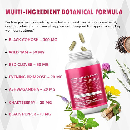 Black Cohosh 9,600mg* – Hormonal Balance Support with Wild Yam, Red Clover, Ashwagandha, Chasteberry & More – 150 Capsules