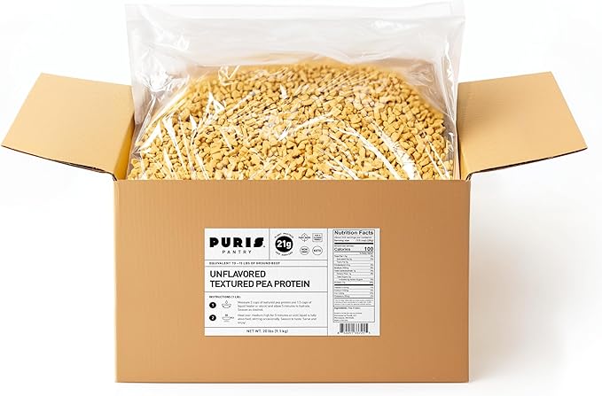 PURIS Pantry Textured Pea Protein, Unflavored Meatless Vegetable Crumbles, Soy Free, Gluten Free, 21g of Protein per Serving, Plant-Based Vegan Meat Substitute, Equivalent to 60 Pounds Ground Beef | 20 lbs Bag in Box