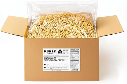 PURIS Pantry Textured Pea Protein, Unflavored Meatless Vegetable Crumbles, Soy Free, Gluten Free, 21g of Protein per Serving, Plant-Based Vegan Meat Substitute, Equivalent to 60 Pounds Ground Beef | 20 lbs Bag in Box