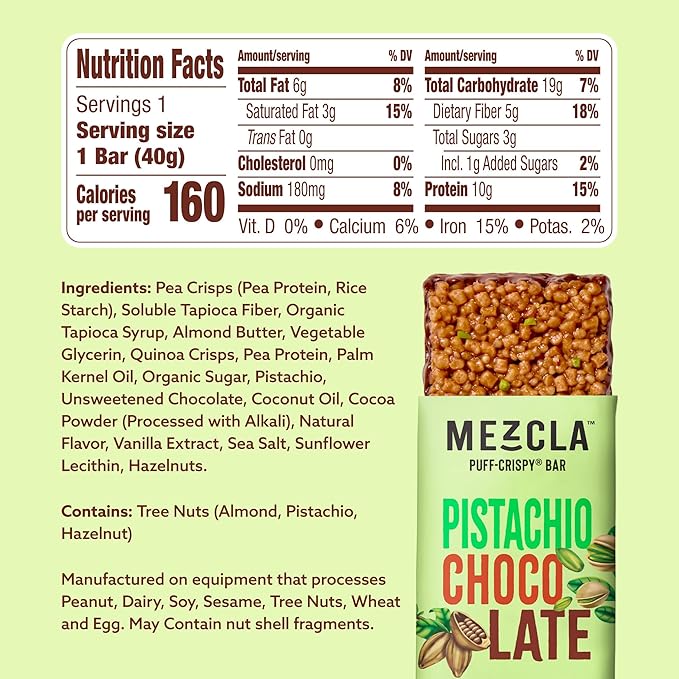 Mezcla Puff-Crispy Plant Based Protein Bars - Pistachio Chocolate - Healthy Snacks for Adults & Dubai Chocolate Fans - Travel & Office Snacks - Gluten Free, Vegan, Non GMO, 10g Protein - 12 Count