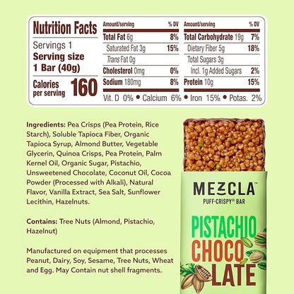 Mezcla Puff Crispy Protein Bars, Gluten Free & Vegan Protein Bars, 10g Protein, Alt for Crispy Rice Treat, Granola Bars & Breakfast Bars, Healthy Snacks for Adults, Pistachio Chocolate, 1 Count