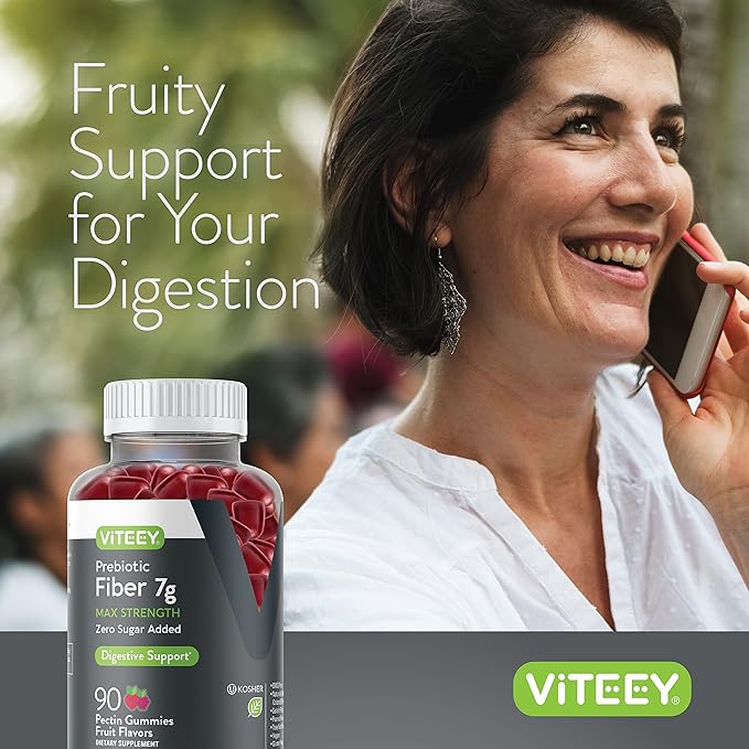 Viteey Prebiotic Fiber Gummies for Adults, 7g - Gut Health & Digestive Soluble Fiber Supplement Gummies - Zero Sugar Added, Vegan, Gluten-Free - 90 Count