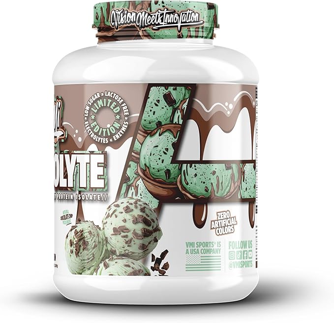 VMI Sports Protolyte 100% Whey Protein Isolate | Electrolytes Plus Enzymes | 22-25 Grams per Serving | Lactose and Gluten Free, Low Fat, Carbs & Sugar (4.6 lb, Mint Chocolate Chip)
