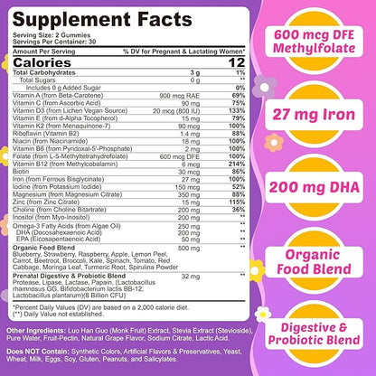 Prenatal Vitamins for Women with Methylfolate, Vegan Omega-3 DHA, Organic Food Blend, Probiotics, Iron, Vitamin D3 B6 B12, Choline, Sugar Free Multivitamin for Women During & Post Pregnancy, 60 Cts