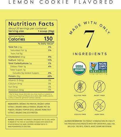 Truvani Vegan Pea Protein Powder | Lemon Cookie | 20g Organic Plant Based Protein | 20 Servings | Keto | Gluten & Dairy Free | Low Carb | No Added Sugar