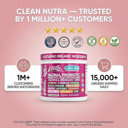 Clean Nutra Vaginal Probiotics for Women + Prebiotics Digestive Enzymes Bromelain Cranberry D Mannose Horsetail Black Cohosh Artichoke Hibiscus Flowers Probiotic for Digestive Health 90 Vegan Capsules