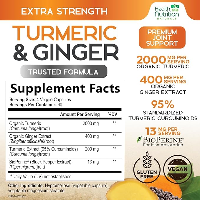 Turmeric Curcumin Supplement - 2000mg Organic Turmeric & 400mg Organic Ginger per Serving - 95% Curcuminoids & BioPerine Black Pepper for Best Absorption & Joint Support, Bottled in USA - 240 Capsules