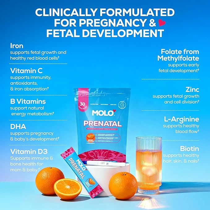 MOLO Prenatal Multi-Vitamin Drink Mix for Women – Packed with essential vitamins & antioxidants, DHA Omega-3, Methylfolate – 30 Stick Packs with Sweet Orange Flavor – Vegetarian, Gluten-Free & Non-GMO