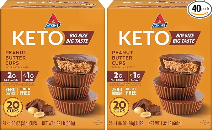 Atkins Keto Peanut Butter Cups,Naturally Flavored,Zero Grams Added Sugar,Gluten Free,20 Count (Pack of 2)