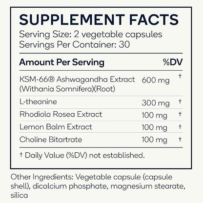 Calm - Natural Stress Relief & Mood Support Supplement - Ashwagandha, Lemon Balm, L-Theanine - 60 Vegan Capsules (Calm)