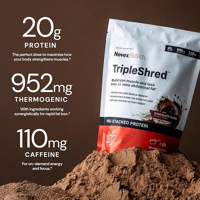 Novex Biotech TripleShred Protein Powder – Lean Muscle & Metabolism Support with Thermogenic Blend, Caffeine, Green Tea & Coffee Bean – Weight Management Formula, Chocolate Fudge, 20 Servings