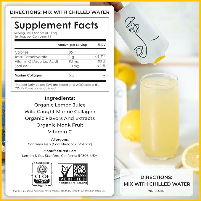 LEMON & CO. Liquid Collagen for Women | Collagen Water Mix with 5000mg Marine Collagen Peptides, Organic Lemons & Vitamin C | Daily Elixir for Skin, Nails, Hair, Gut | No Preservatives, No Sugar