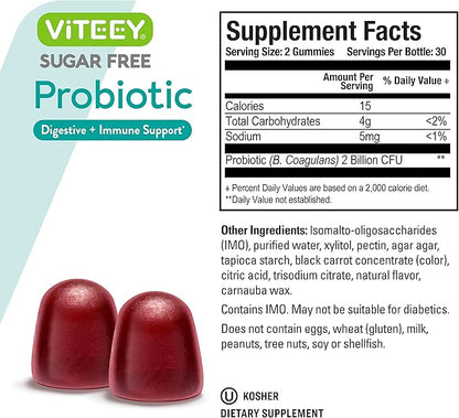 Viteey Probiotic Gummies for Women, Men & Teens, 2 Billion CFUs - Sugar Free - Immune Booster, Digestive Support, Gut Health - Vegan, Gelatin Free, GMO Free - Tasty Chewable Raspberry Flavored Gummy