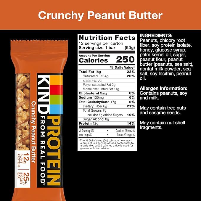 KIND Protein Snack Bar, Crunchy Peanut Butter, Healthy Snacks, Gluten Free, 12g Plant Protein, 12 Count (Pack of 2)