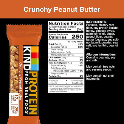 KIND Protein Snack Bar, Crunchy Peanut Butter, Healthy Snacks, Gluten Free, 12g Plant Protein, 12 Count