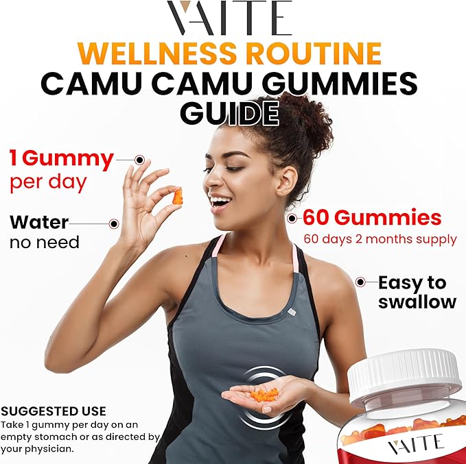 VAITE Camu Camu Vitamin C Gummies for Skin and Hair – Antioxidant-Rich, Vegan, Gluten-Free Supplement for Immune Support, Energy Boost, and Collagen – 60 Chewables for Active Men and Women