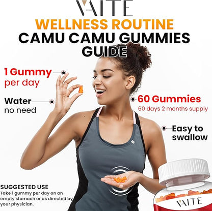 VAITE Camu Camu Vitamin C Gummies for Skin and Hair – Antioxidant-Rich, Vegan, Gluten-Free Supplement for Immune Support, Energy Boost, and Collagen – 60 Chewables for Active Men and Women