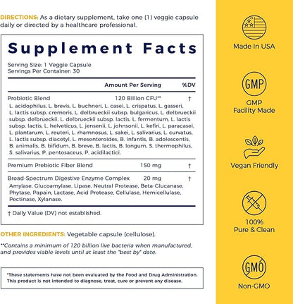 NewRhythm Probiotics 120 Billion CFU 36 Strains, 3-in-1 Probiotics for Digestive Health & Immune Support with Prebiotics & Enzymes, Probioticos for Women & Men, Vegan Targeted Release Supplement, 60ct