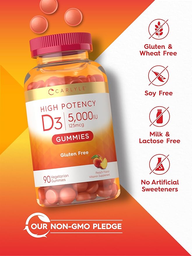 Carlyle Vitamin D3 Gummies | 5000 IU (125 mcg) | 90 Count | High Potency for Adults | Peach Flavor | Vegetarian, Non-GMO, Gluten Free Supplement