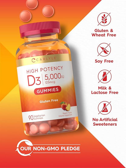 Carlyle Vitamin D3 Gummies | 5000 IU (125 mcg) | 90 Count | High Potency for Adults | Peach Flavor | Vegetarian, Non-GMO, Gluten Free Supplement
