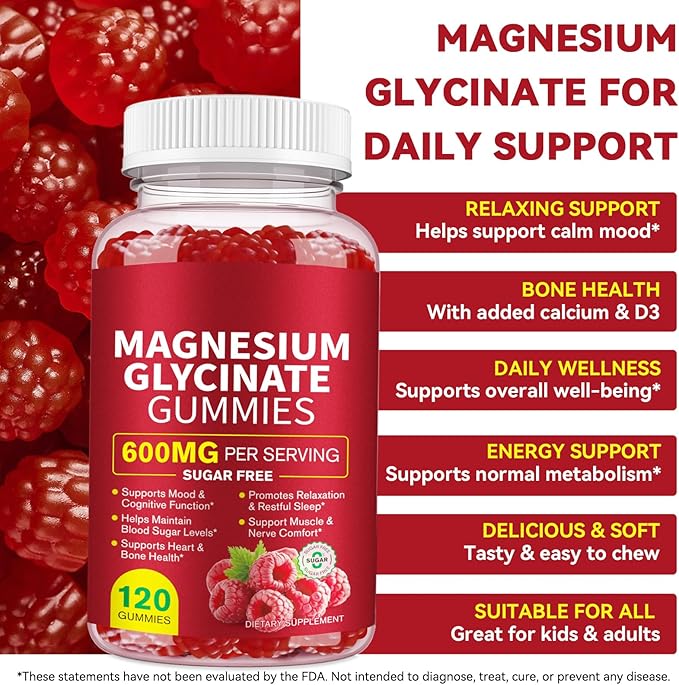 Magnesium Glycinate Gummies 600MG, High Absorption Magnesium Supplement for Women, Men and Kids - Muscle Support | Sleep, Focus & Relaxation | Sugar Free | Vegan | 120 Chews