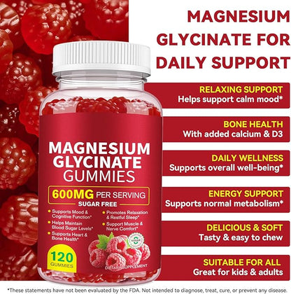 Magnesium Glycinate Gummies 600MG, High Absorption Magnesium Supplement for Women, Men and Kids - Muscle Support | Sleep, Focus & Relaxation | Sugar Free | Vegan | 120 Chews
