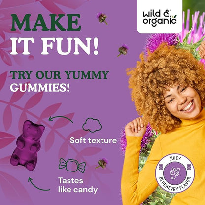 Wild & Organic Milk Thistle Gummies 1500 mg - Milk Thistle Supplement for Liver Cleanse Detox - Silymarin Liver Detox Gummies - 30 Days Supply - 60 Vegan, Non-GMO Chews