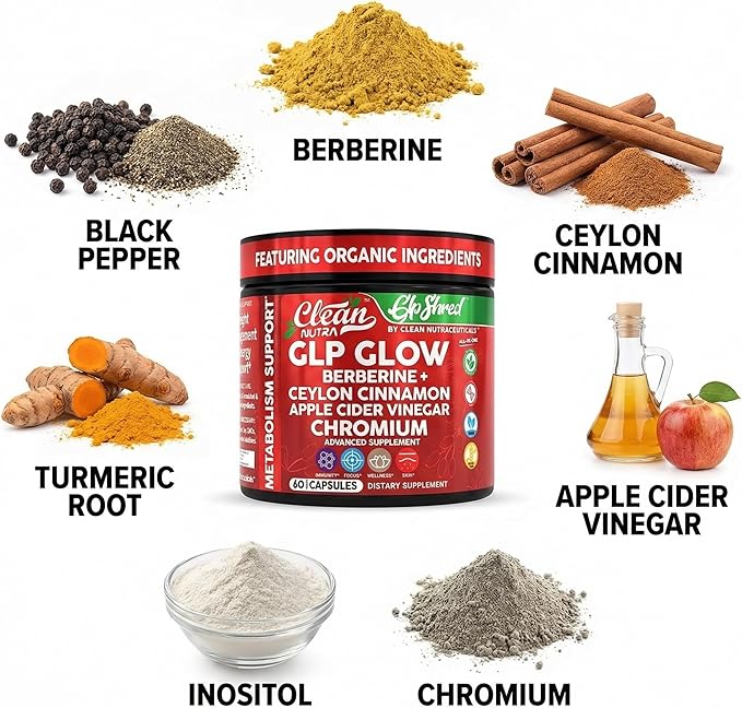 GLP1 Supplement Berberine Ceylon Cinnamon Apple Cider Vinegar Chromium Turmeric PCOS Supplements Immunity & Metabolism Support 60 Vegan Capsules by Clean Nutra